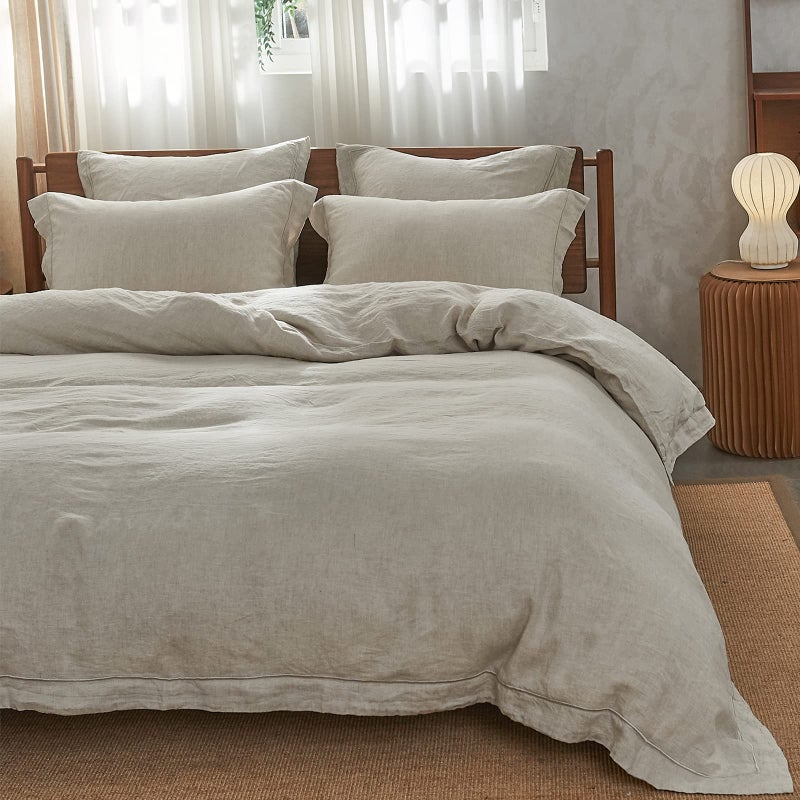 Simple&Opulence 100% Linen Duvet Cover Set with Embroidery Border Washed - 3 Pieces (1 Duvet Cover with 2 Pillow Shams) with Button Closure Soft Breathable Farmhouse - Linen, Full Size - Image 1